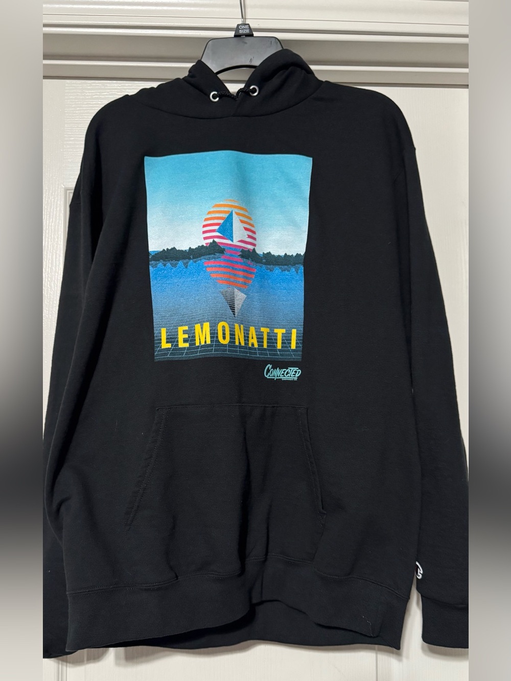 connected apparel Black Crewneck Hoodie with Multicolor Sunset Graphic